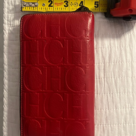 CAROLINA HERRERA Red Monogram Embossed Leather Zipper Continental Wallet - Picture 14 of 14